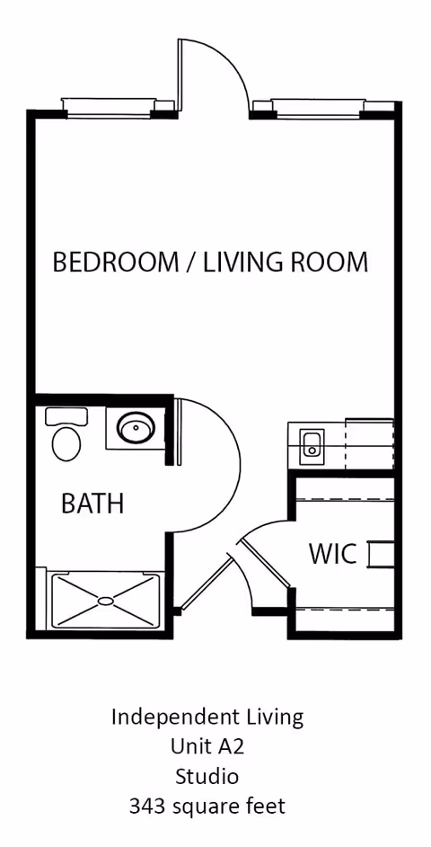 Floor plan of an independent living studio unit A2 at The Waterford on Huebner, showing a combined bedroom and living room area, a bathroom with a toilet, sink, and shower, and a walk-in closet (WIC). The unit is 343 square feet.