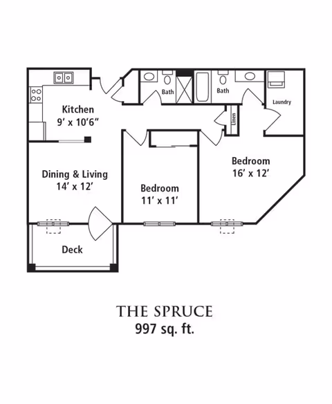 Floor plan layout of a senior living apartment named The Spruce with 997 square feet, featuring a kitchen, dining and living area, two bedrooms, two bathrooms, a laundry room, a linen closet, and a deck.