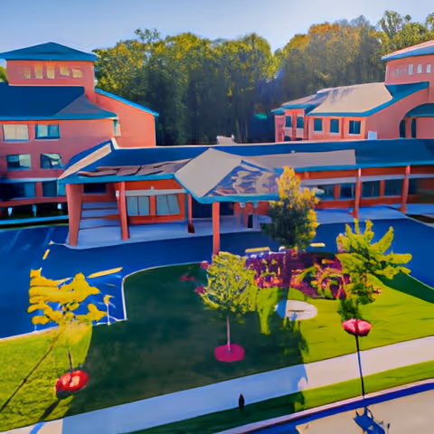 Front entrance and landscaped circular driveway of a senior living facility with a covered porte-cochère and surrounding brick buildings.