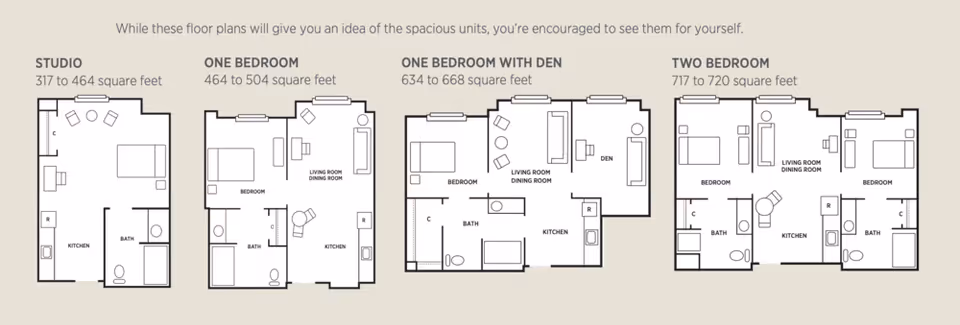 Floor plans for different apartment layouts at The Westmont at Short Pump, including Studio, One Bedroom, One Bedroom with Den, and Two Bedroom units, with square footage and room arrangements labeled.