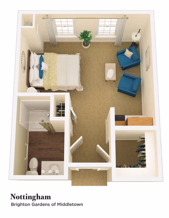 3D floor plan of a senior living apartment named Nottingham at Brighton Gardens of Middletown, showing a bedroom with a bed, two blue armchairs, a small table, a plant, a bathroom with a shower, toilet, and sink, and a walk-in closet.