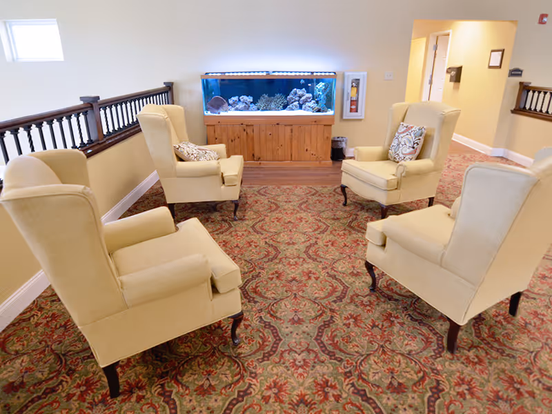 Four beige wingback chairs arranged around a large aquarium in a carpeted common room.