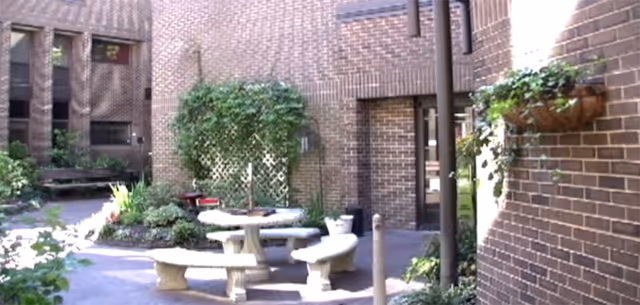 Enclosed brick courtyard with a round concrete picnic table and benches, surrounded by potted and hanging plants.