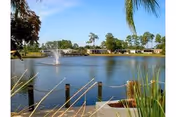 Dock and waterfront plants in the foreground overlooking a lake with a fountain and mobile homes and palm trees on the opposite shore.