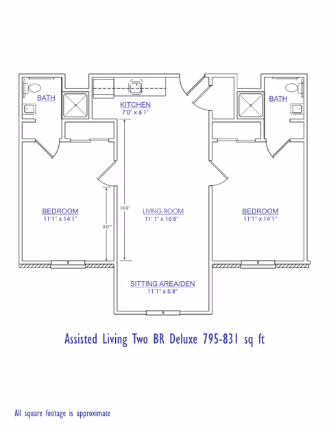 Architectural floor plan of an assisted living two-bedroom deluxe apartment with approximate area of 795-831 square feet. The layout includes two bedrooms each measuring 11'1" x 14'1", two bathrooms, a kitchen measuring 7'0" x 6'1", a living room measuring 11'1" x 16'6", and a sitting area/den measuring 11'1" x 5'8". The plan shows door placements and fixtures in each room.
