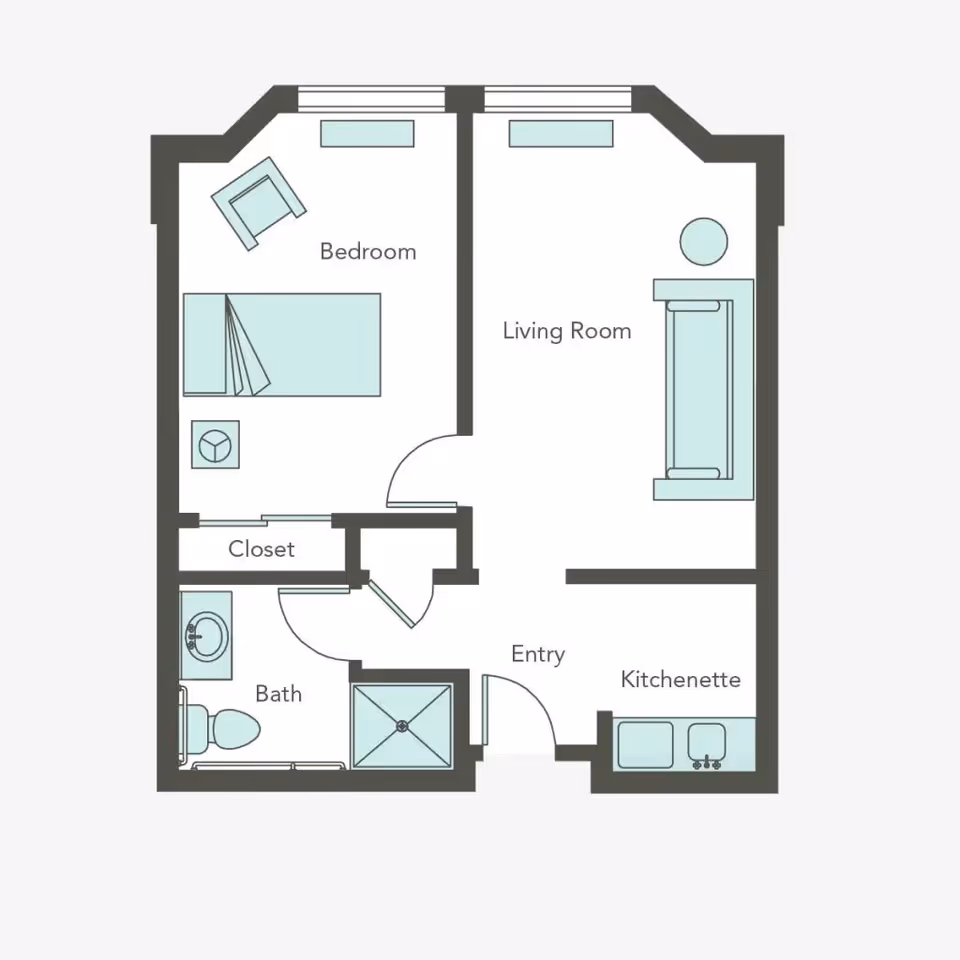 Floor plan of a small living space at Aegis of Laguna Niguel showing a bedroom with a bed and chair, a living room with a sofa and table, a kitchenette with a sink and stove, a bathroom with a toilet, sink, and shower, a closet, and an entry area.
