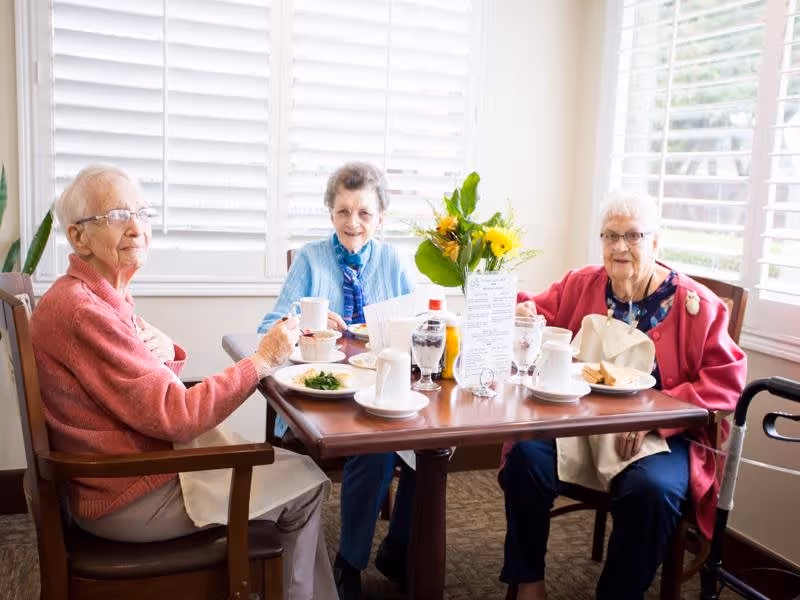 Three elderly women sitting around a dining table in a bright room with large windows and white shutters. They are enjoying a meal together with plates, cups, and glasses on the table. A vase with yellow flowers is placed in the center of the table.
