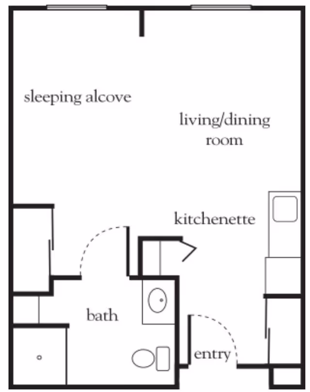 Floor plan layout showing a sleeping alcove, living/dining room, kitchenette, bath, and entry area.