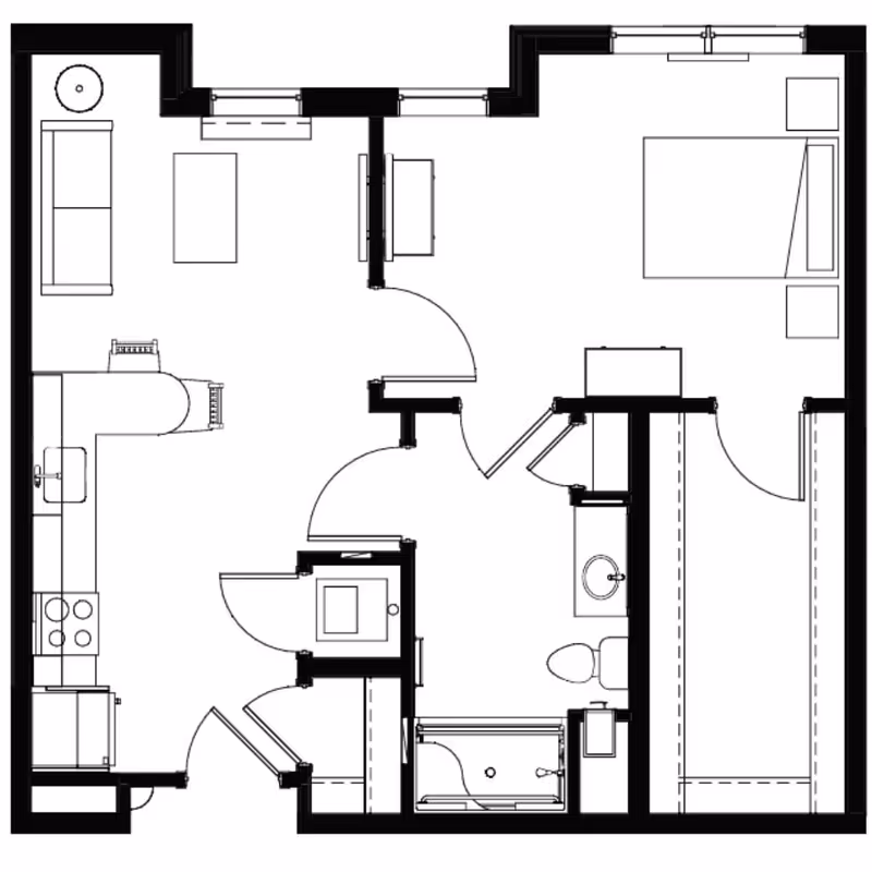 Architectural floor plan of a residential unit showing a living room with sofa and coffee table, kitchen with appliances and counter, bedroom with bed and nightstand, bathroom with sink, toilet, and bathtub, and closets.