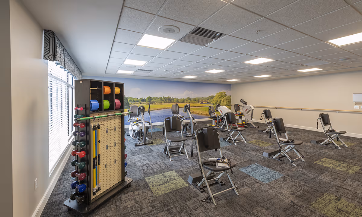 A fitness room with exercise equipment including stationary bikes and chairs with resistance bands. There is a rack holding colorful weights and exercise bars near a window with blinds. The back wall features a large mural of a scenic landscape with a river and trees. The room has a carpeted floor with a pattern of blue and green squares and a ceiling with recessed lighting.