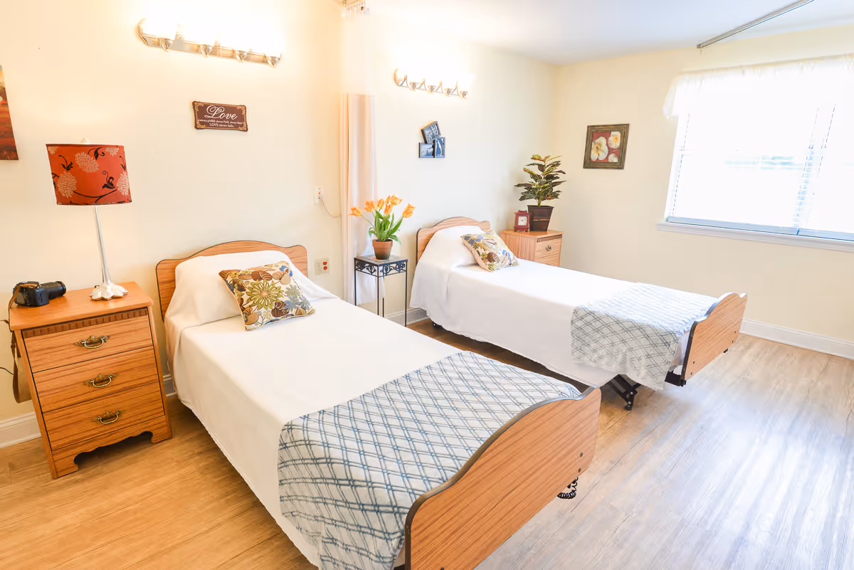 Two twin beds in a bright and inviting room with a lamp and plants.