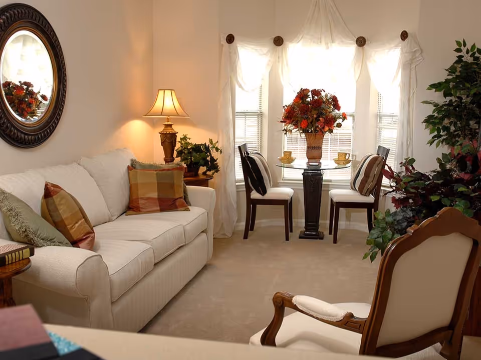 A cozy living room with a white sofa adorned with colorful pillows, a round glass dining table with two chairs near a window with sheer white curtains, a table lamp on a side table, a large oval mirror on the wall, and several green plants adding a touch of nature to the space.