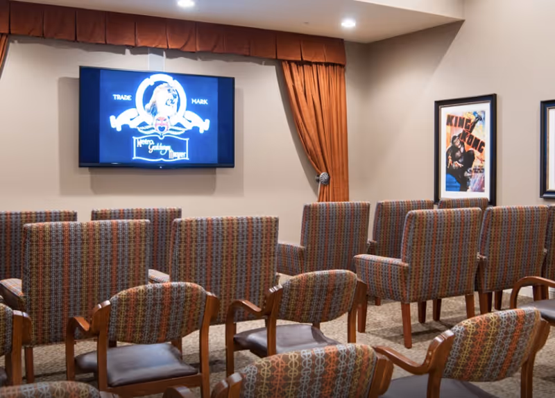 Small screening room with rows of patterned chairs facing a wall-mounted TV and framed movie posters.