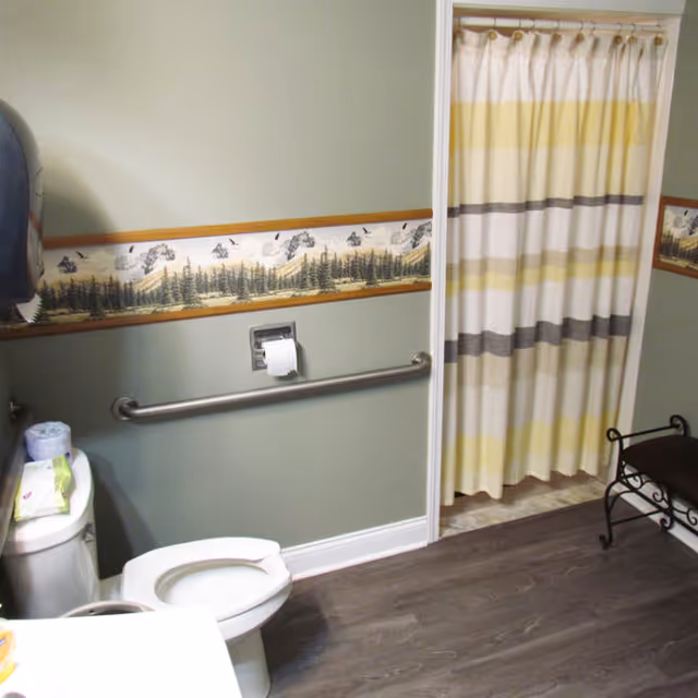 Accessible bathroom showing a toilet, wall-mounted grab bar and toilet paper holder, and a shower with a yellow-and-gray striped curtain.