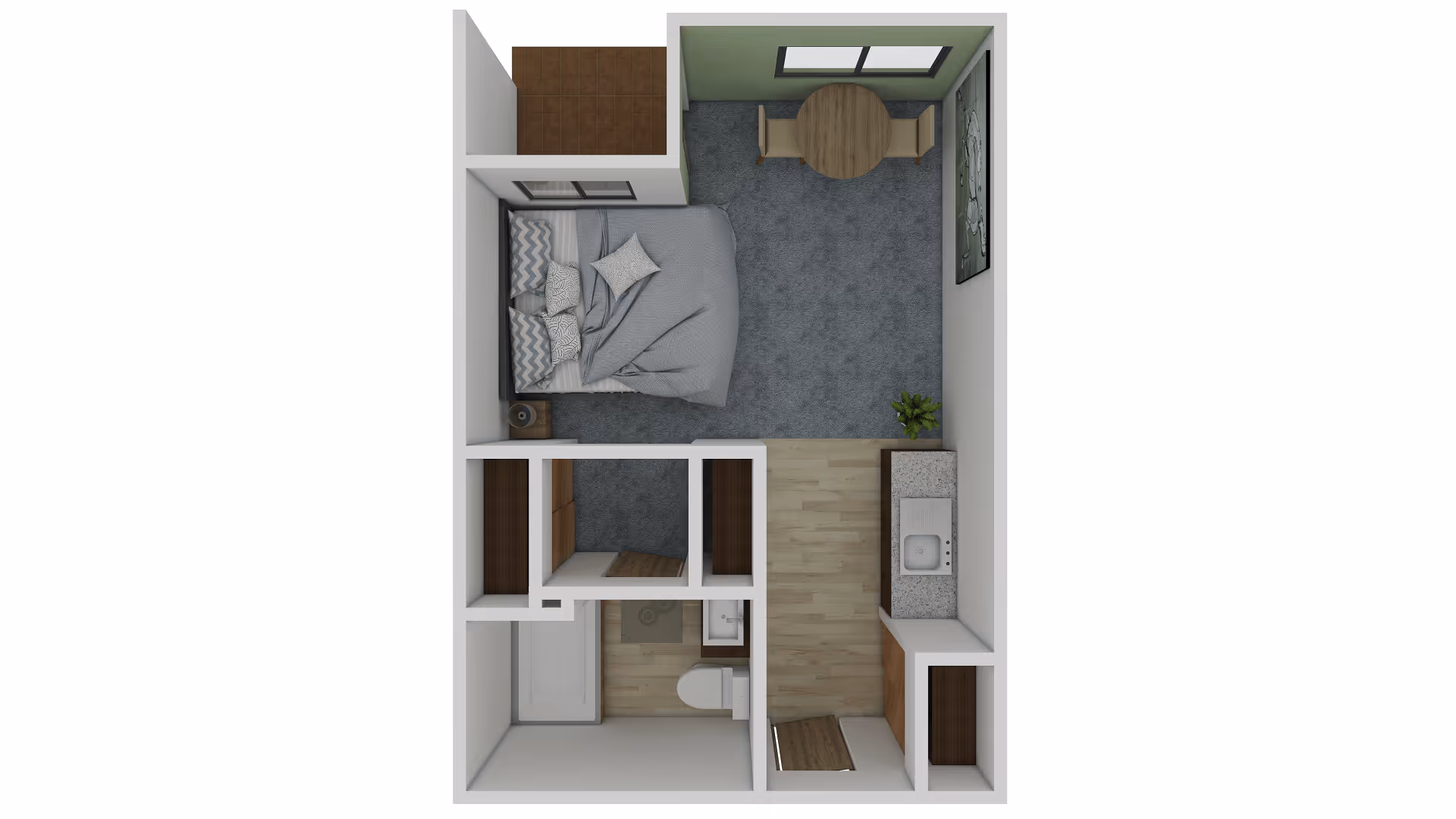 Top-down view of a small apartment floor plan featuring a bedroom with a bed and nightstand, a dining area with a round table and two chairs, a kitchenette with a sink and countertop, a bathroom with a toilet and shower, and multiple closets.