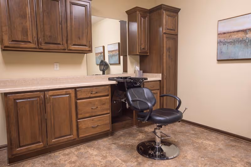 Interior room with wooden cabinets and drawers, a large mirror, a black salon chair in front of a hair washing sink, and a framed landscape painting on the wall.