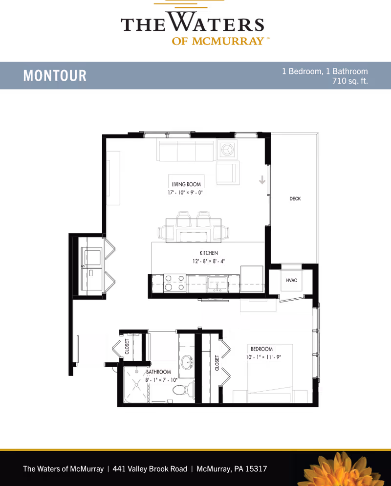 Floor plan layout of Montour apartment at The Waters of McMurray showing 1 bedroom, 1 bathroom, living room, kitchen, closets, deck, and HVAC area with dimensions.
