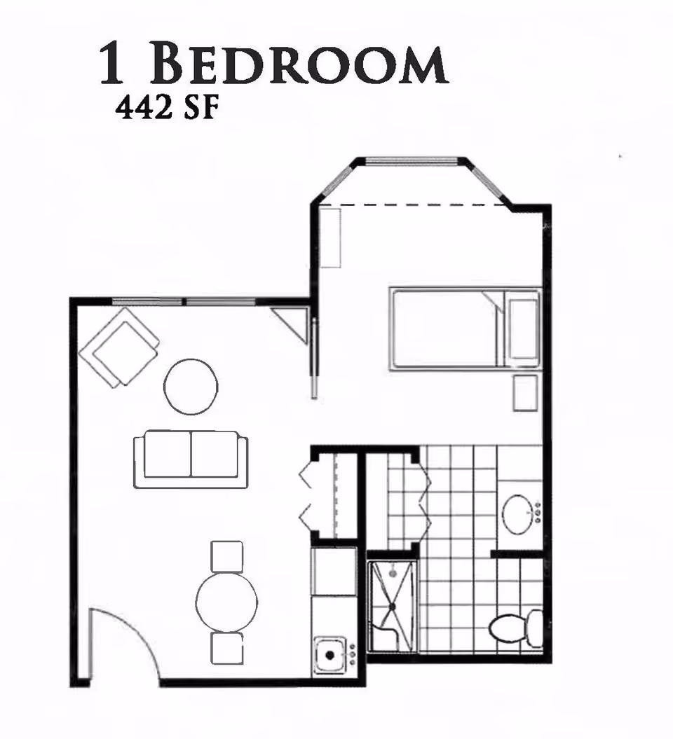 Black-and-white floor plan labeled '1 BEDROOM 442 SF' showing a living room, kitchenette, one bedroom and a bathroom.