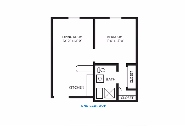 Floor plan layout of a one-bedroom apartment showing a living room measuring 12 feet by 12 feet, a bedroom measuring 11 feet 6 inches by 12 feet, a kitchen area, a bathroom with a toilet, sink, and shower, and two closets.