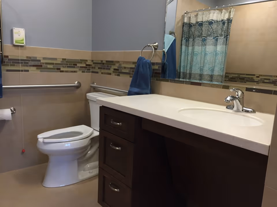 A bathroom with a white toilet, a dark wood vanity with a white countertop and sink, a large mirror above the sink, a blue towel hanging on a ring, grab bars on the walls, and a shower curtain with blue and white patterns.
