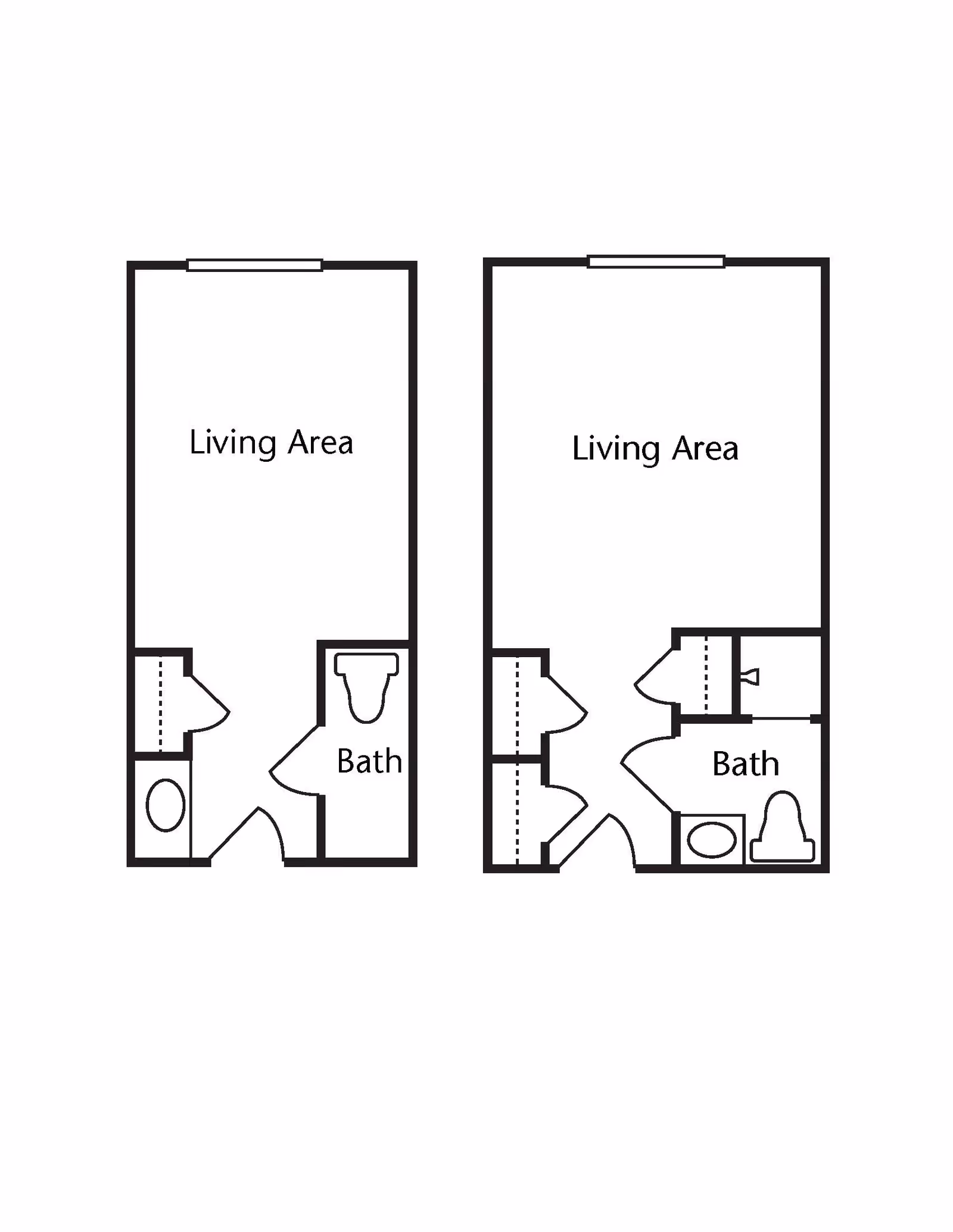 Architectural floor plan showing two layouts each with a living area and a bathroom. The left layout has a living area with a bathroom containing a toilet and a small adjacent space. The right layout has a living area with a bathroom containing a toilet, sink, and an additional small room or closet.