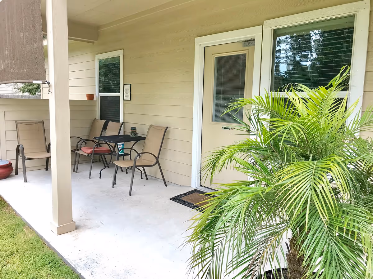 Covered outdoor patio area with beige siding walls, a door with a window, two windows with blinds, a small black table with three beige chairs around it, and a large green potted plant in the foreground.