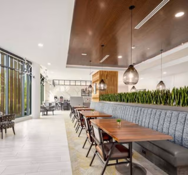 A modern dining area with wooden tables and chairs arranged in a row alongside a long cushioned bench with a planter of green plants behind it. The ceiling has wooden paneling with hanging pendant lights. Large windows on the left side allow natural light to fill the space.