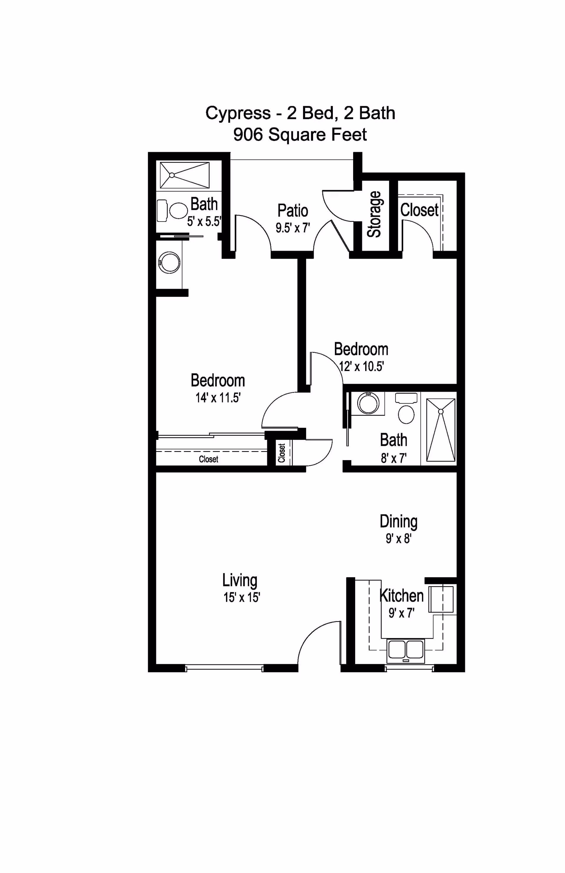 Floor plan of a Cypress apartment with 2 bedrooms and 2 bathrooms totaling 906 square feet. The layout includes a living room, dining area, kitchen, two bedrooms with closets, two bathrooms, a patio, and a storage area.