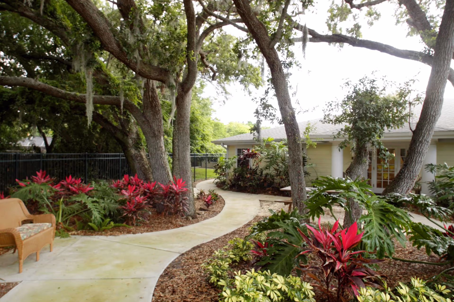 A winding concrete pathway surrounded by lush greenery and vibrant red and yellow plants, with large trees providing shade. A wicker bench with a floral cushion is placed on the left side of the path. In the background, there is a light-colored building with white columns and glass doors.