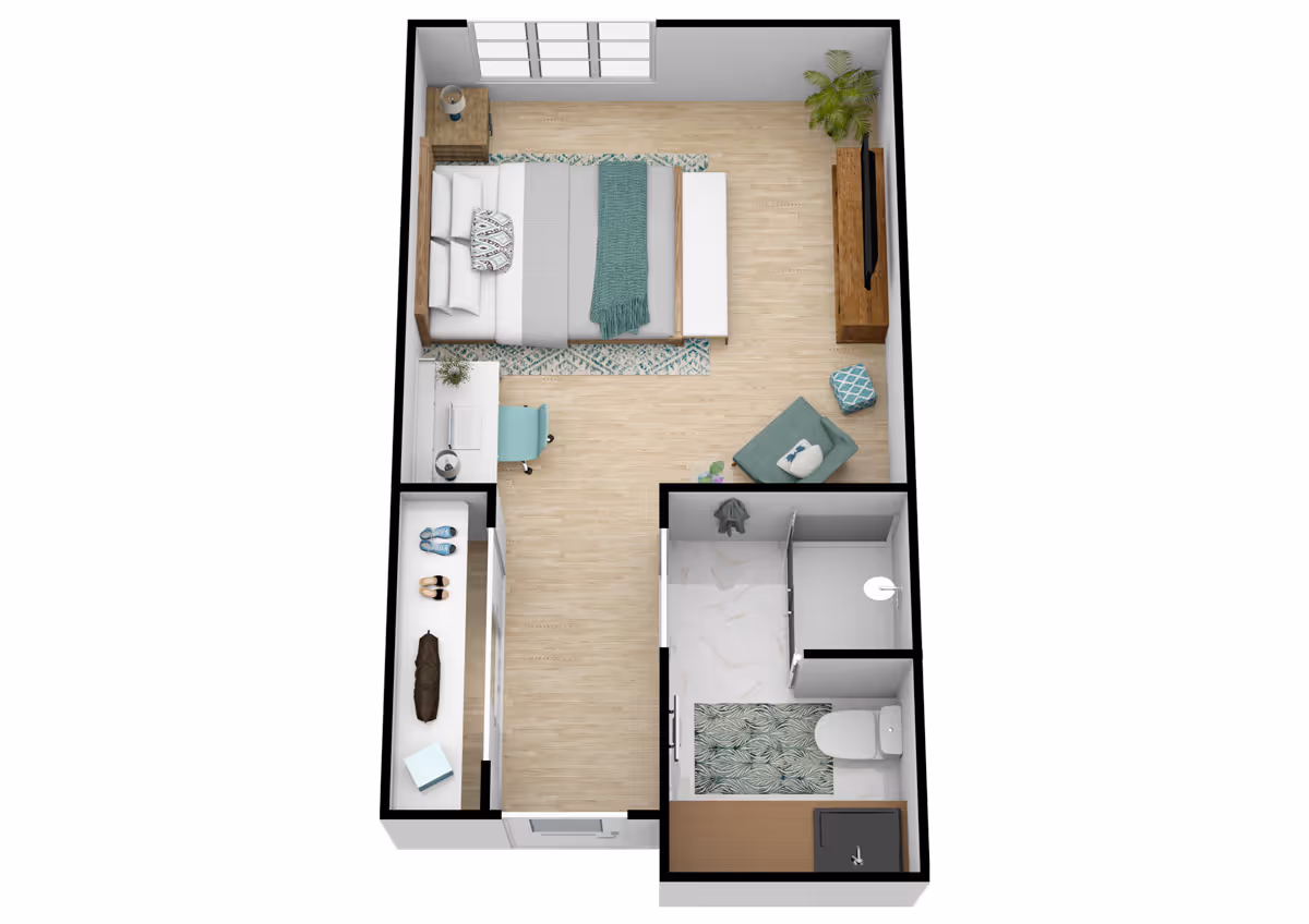 3D floor plan of a senior living unit featuring a bedroom with a bed, nightstand, desk with chair, armchair, TV on a stand, and a plant. The unit includes a bathroom with a shower, toilet, and sink, and a closet area with shelves for shoes and storage.