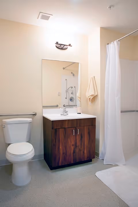 A clean and accessible bathroom featuring a white toilet with a grab bar on the wall beside it, a wooden vanity with a white sink and faucet, a large mirror above the sink, a wall-mounted light fixture, a towel hanging on a hook, and a shower area with a white curtain and grab bars.
