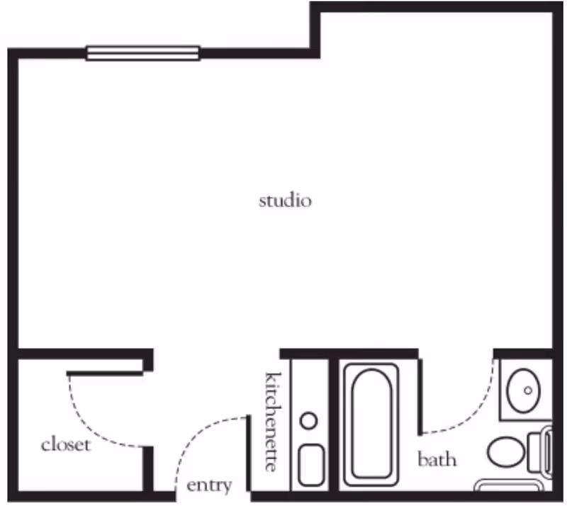 Floor plan of a studio apartment showing an entry leading to a kitchenette, a closet on the left, and a bathroom with a bathtub, toilet, and sink on the right.