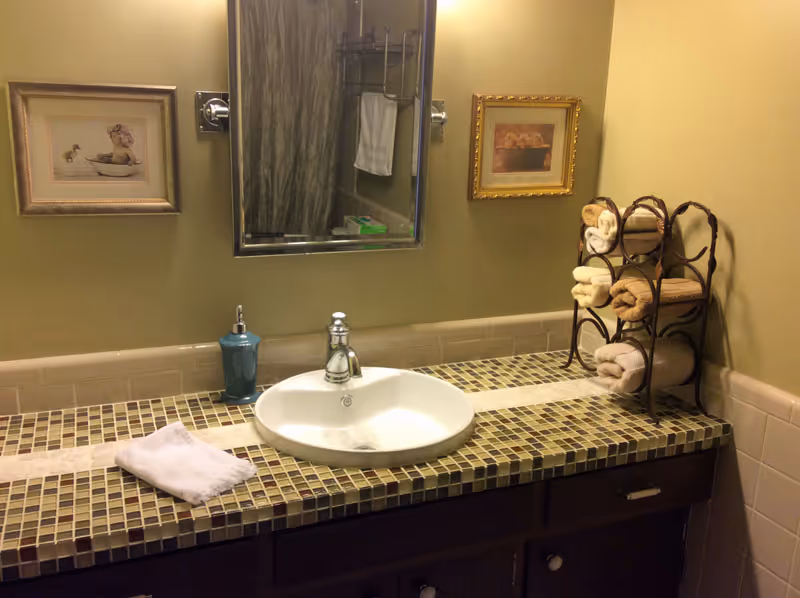 Bathroom countertop with mosaic tile surface, a white round sink with a silver faucet, a blue soap dispenser, a white hand towel, and a metal rack holding rolled towels. Above the sink is a mirror with a towel hanging on a rack behind it. Two framed pictures hang on the olive green wall.