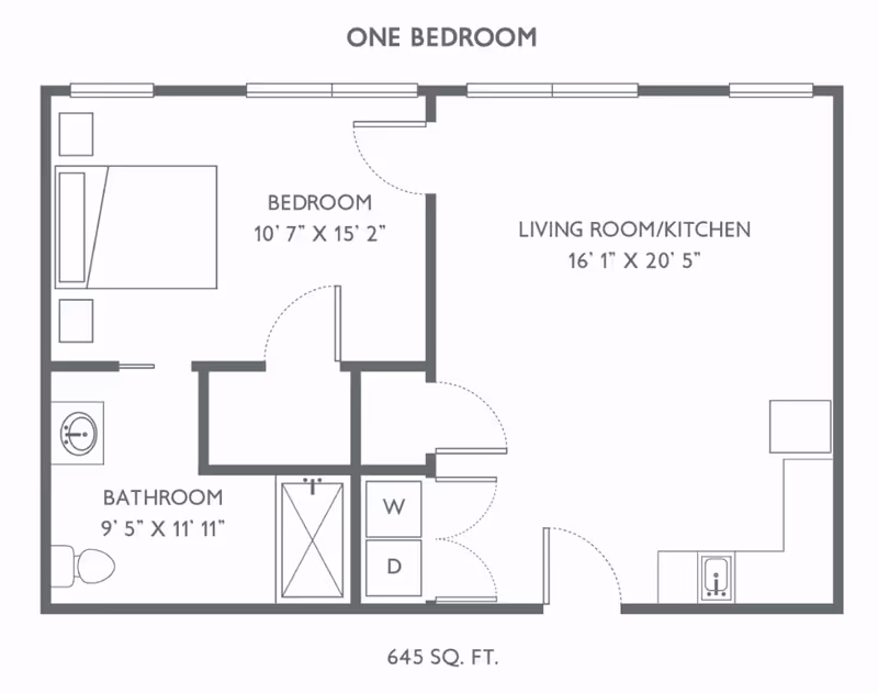 Floor plan diagram of a one-bedroom, 645 sq. ft. apartment showing a bedroom, bathroom, combined living room/kitchen, and washer/dryer.