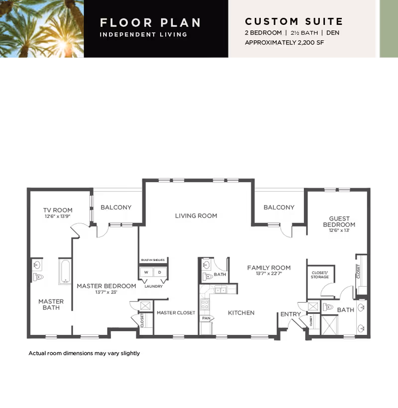 Floor plan graphic for La Posada showing a "Custom Suite" independent living 2-bedroom, 2½-bath layout with header text and a small decorative palm image.