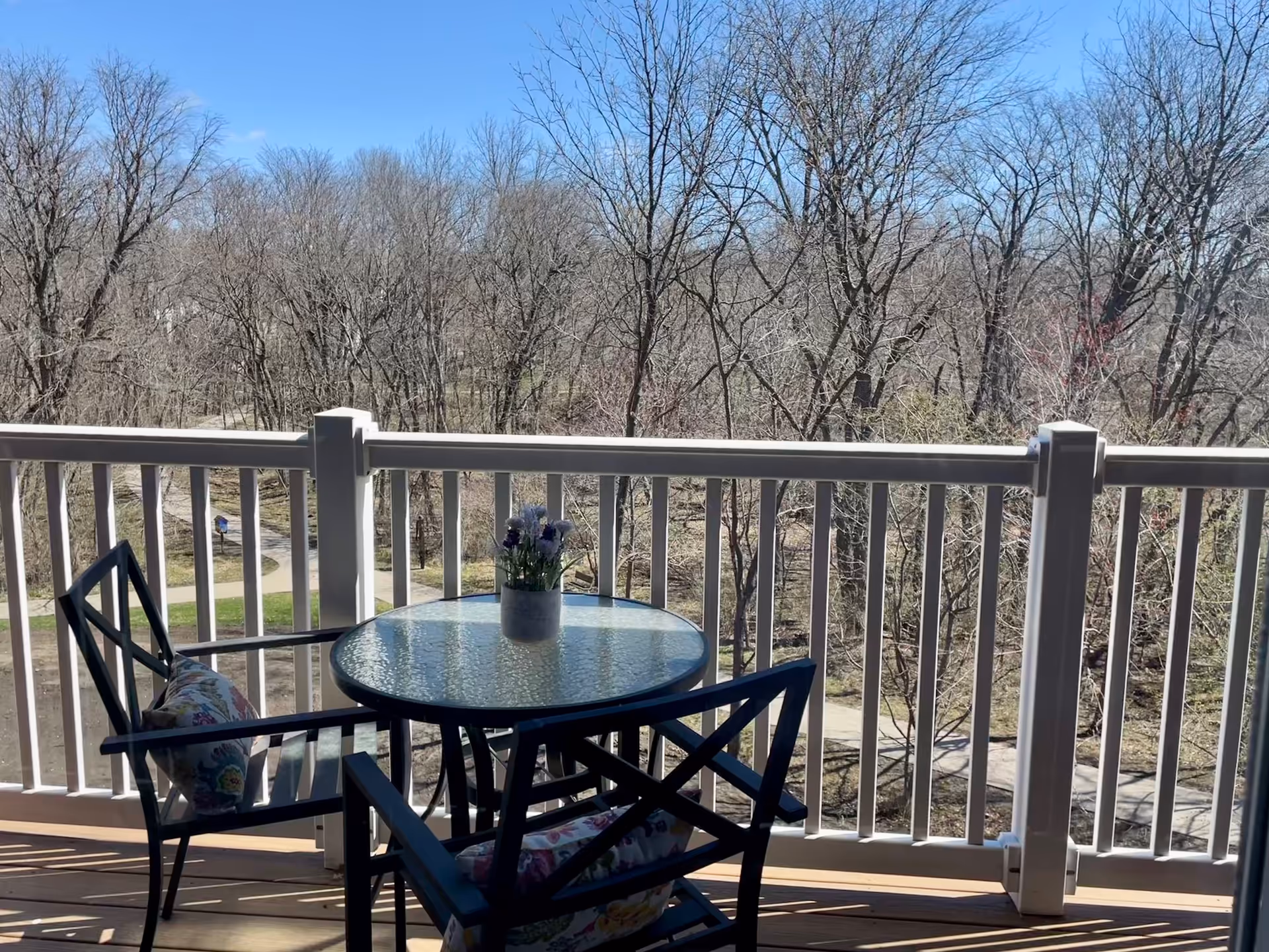 Balcony with a glass-top table, two chairs with floral cushions and a small potted plant overlooking leafless trees.