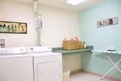 Laundry room with a washing machine and dryer side by side, a green countertop with a wicker basket on top, an ironing board with an iron, and wall decorations including a framed picture and a sign that says 'LAUNDRY'.