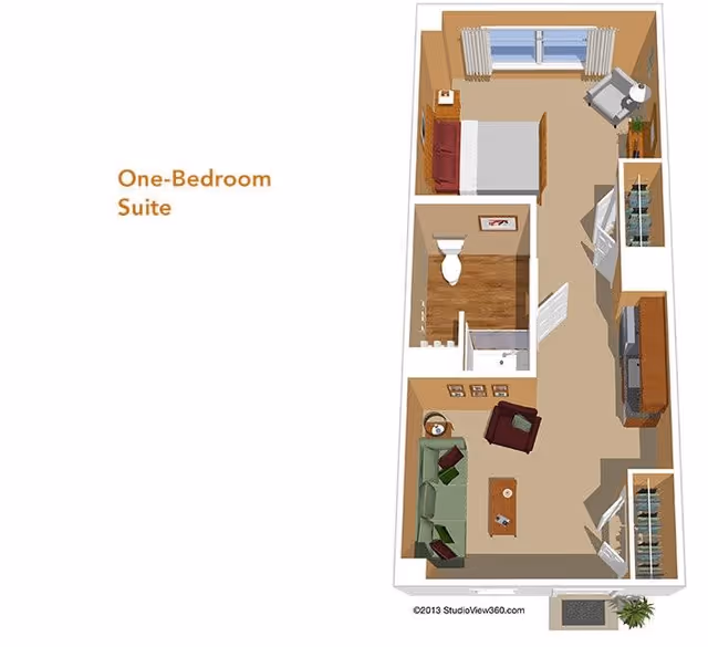3D floor plan of a one-bedroom suite showing a living room with a sofa, armchair, coffee table, and TV, a bathroom with a toilet and shower, and a bedroom with a bed, nightstand, and armchair near a window.