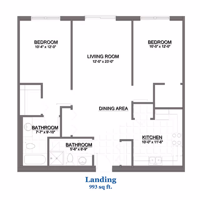 Architectural floor plan of a 993 square feet apartment named Landing at Hanover Place, featuring two bedrooms, two bathrooms, a living room, dining area, and kitchen with dimensions labeled for each room.