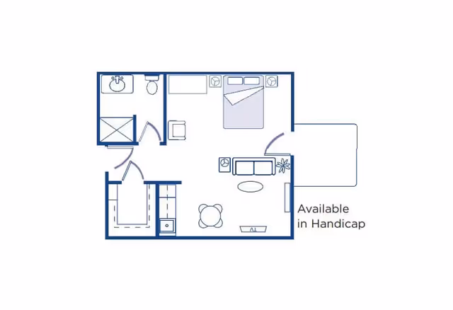 Floor plan of a small apartment unit showing a bedroom with a bed and nightstands, a living room with a sofa, chair, and table, a bathroom with a sink, toilet, and shower, and a closet. The unit is labeled as available in handicap accessible version.