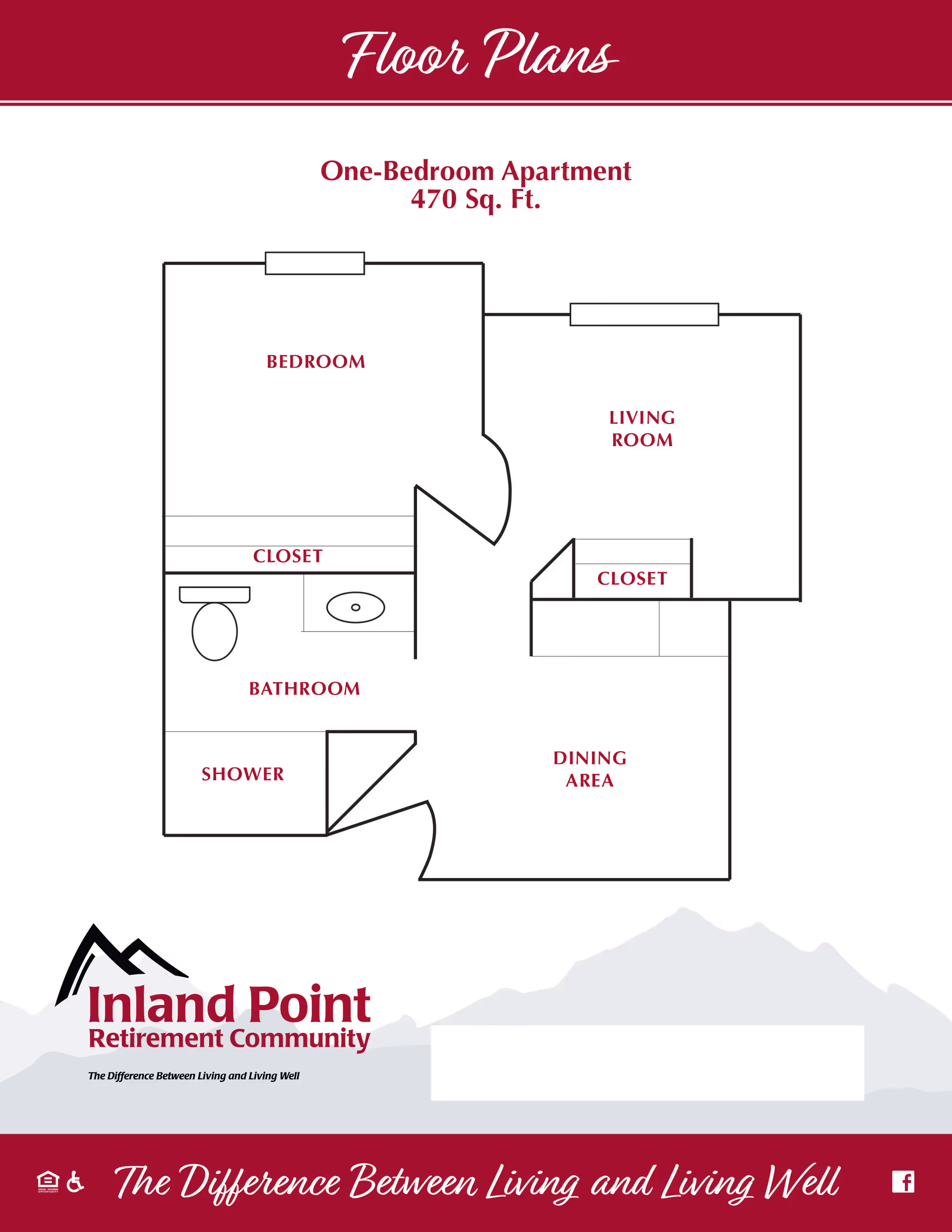 Black-and-red floor plan graphic for a one-bedroom 470 sq. ft. apartment with labeled rooms and Inland Point Retirement Community branding.