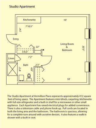 Floor plan of a studio apartment showing a kitchenette, entry, linen closet, bathroom with toilet and shower, and a combined living room and bedroom area. Dimensions and layout details are included along with a description of the apartment features.