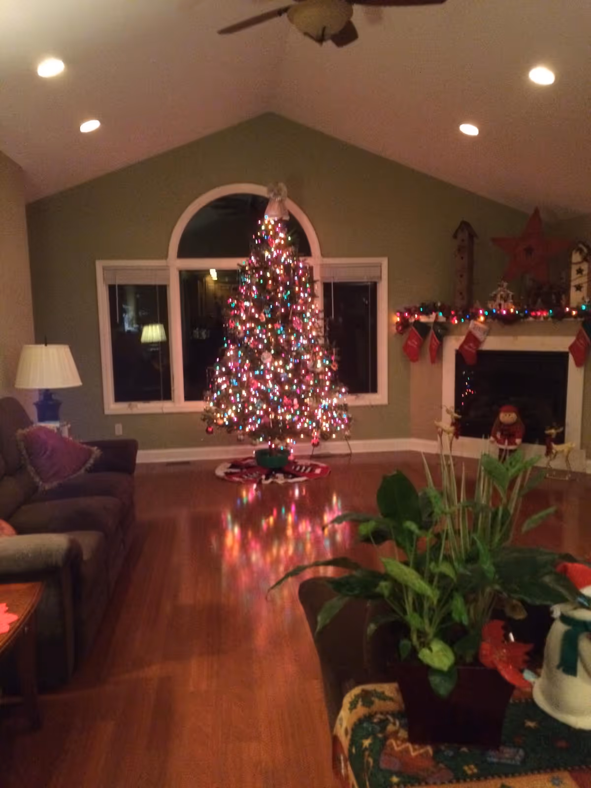 A cozy living room decorated for Christmas with a lit Christmas tree in front of a large arched window. The room has wooden floors, a ceiling fan, a couch with pillows on the left, a fireplace on the right adorned with stockings and garlands, and a potted plant on a table in the foreground.