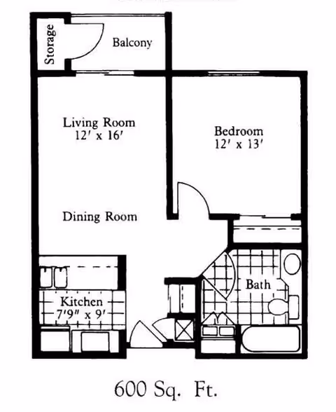 Floor plan of a 600 square foot apartment at Grand Court of Mesa showing a living room with dining area, a bedroom, a kitchen, a bathroom, a balcony, and a storage area.