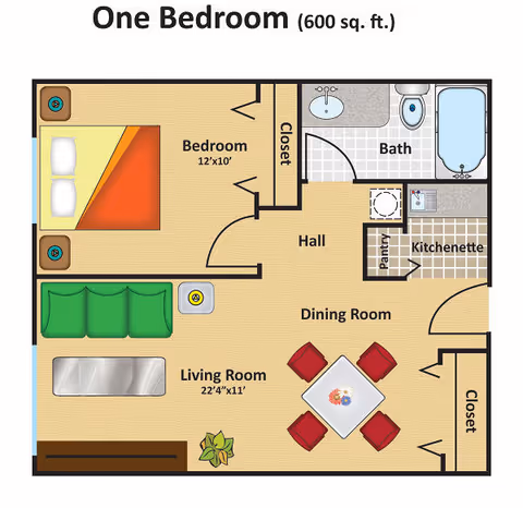 Floor plan of a one-bedroom apartment measuring 600 square feet. The layout includes a bedroom with a bed and two nightstands, a bathroom with a sink, toilet, and bathtub, a kitchenette with a pantry, a dining room with a table and four chairs, and a living room with a sofa, coffee table, and a plant. There are closets near the bedroom and dining room.