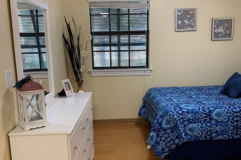 Small bedroom with a blue patterned bed, a white dresser topped with a mirror and decorative items, and a window with blinds.