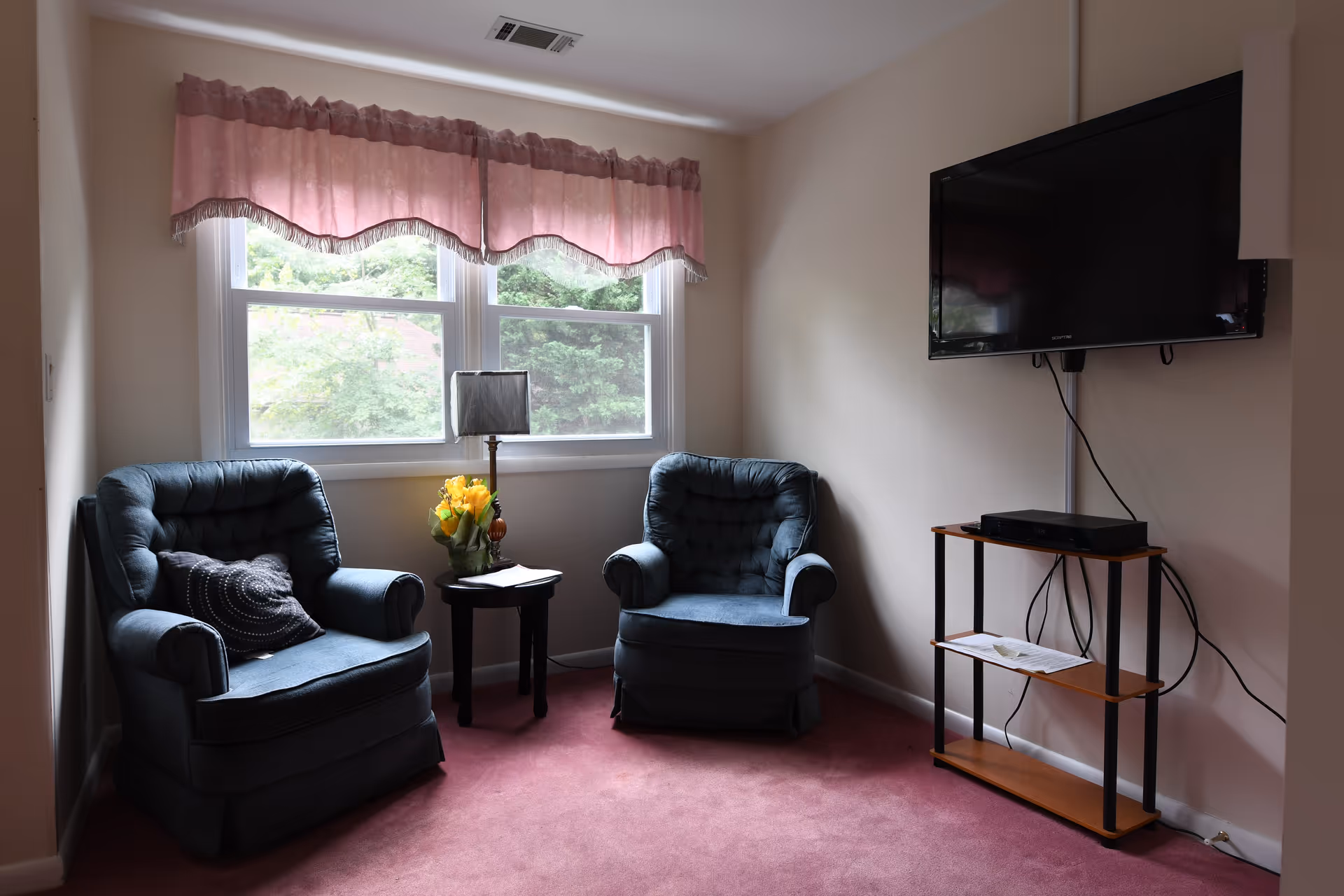 A small living room with two blue upholstered armchairs, a small round table with a lamp and a vase of yellow flowers between them, a wall-mounted flat screen TV, and a wooden TV stand with electronic devices. The room has a pink carpet and a window with pink valance curtains showing greenery outside.