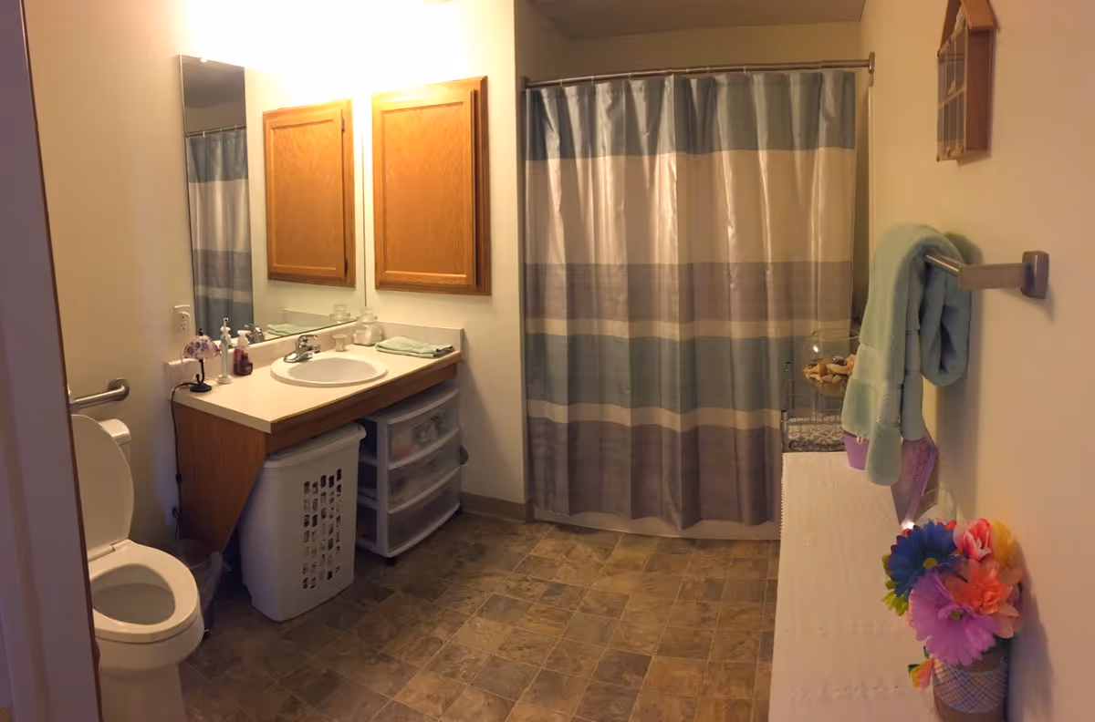 Bright bathroom with a sink vanity and mirror cabinets, toilet, laundry basket, and a striped shower curtain.