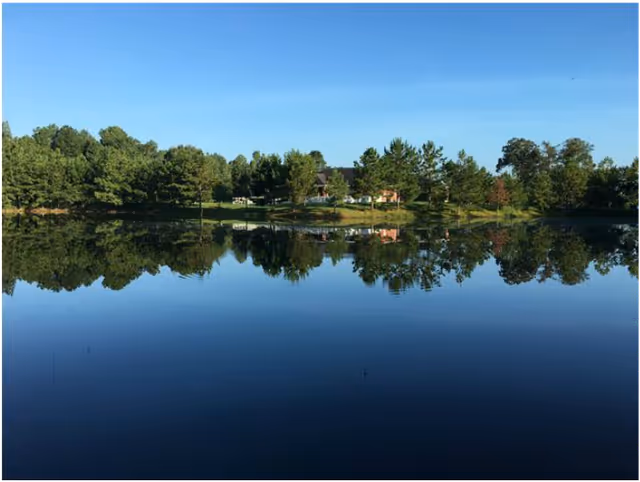 Calm lake reflecting a tree-lined shore and houses under a clear blue sky.
