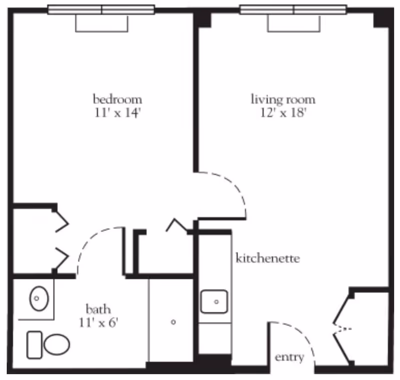Floor plan of a living space showing a bedroom measuring 11 by 14 feet, a living room measuring 12 by 18 feet, a bath measuring 11 by 6 feet, a kitchenette, and an entry area.